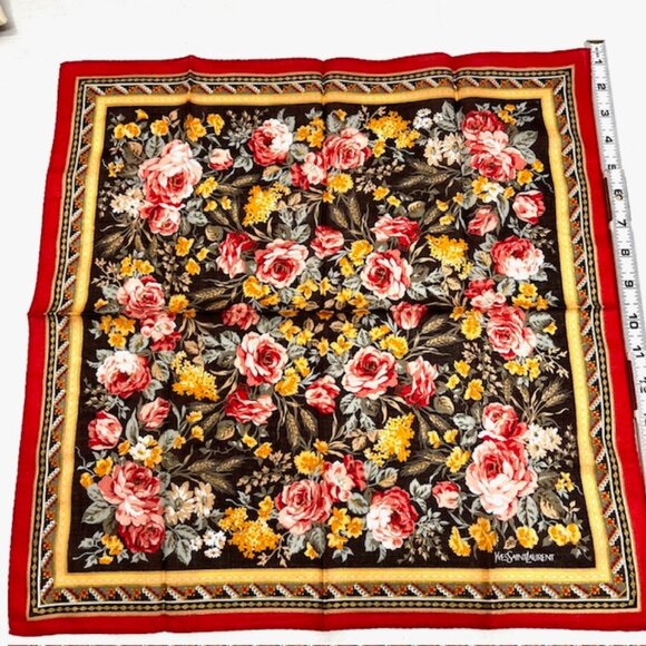 New Yvest Saint Laurent  Mini Scarf handker 19" cotton orang pink green flora(92 - Picture 3 of 7